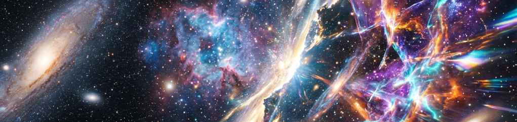 Two galaxies colliding with colorful cosmic energy and star clusters