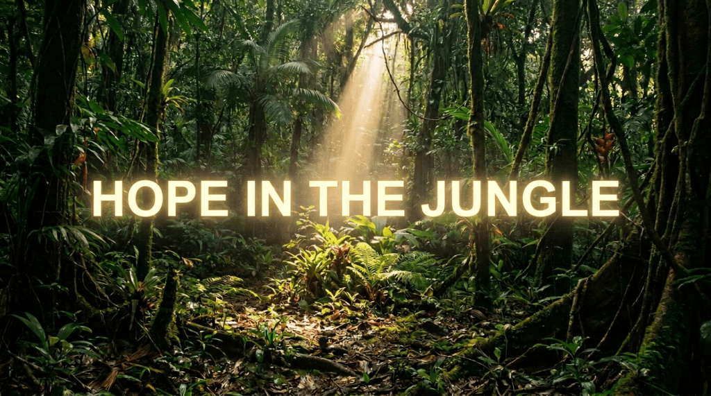 Dense tropical rainforest with sun rays shining through trees