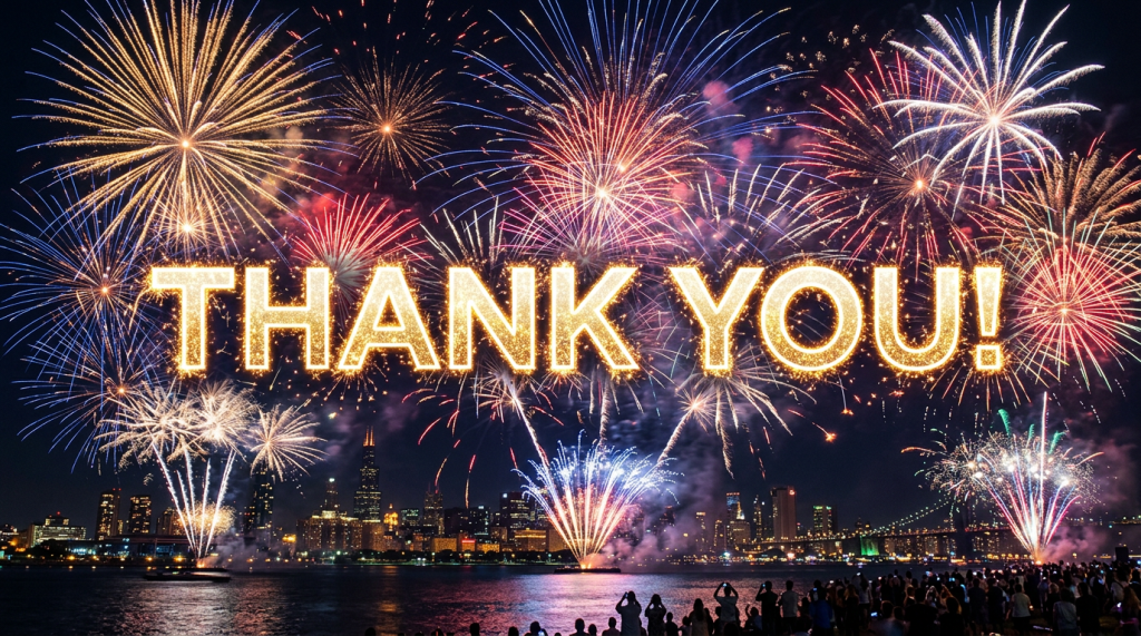 “THANK YOU!” over colorful fireworks above a city waterfront skyline